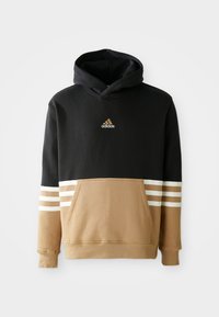 Hooded mišica z črno zgornjim delom in bež spodnjim delom ter belimi črtami na rokavih, kenguru žepom in izvezenim logotipom.