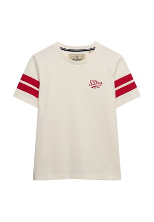 Crème katoenen T-shirt met rode en witte strepen op de mouwen, voorzien van een geborduurd "S.Dry"-logo op de borst. Korte mouwen, klassieke pasvorm.