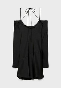 Schwarzes langärmliges Kleid mit schulterfreier Gestaltung. Verfügt über verstellbare Bindebänder, gestuften Saum und eine glatte Stofftextur.