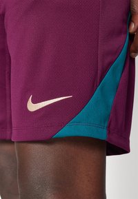 Pantaloni sportivi bordeaux con un pannello laterale teal, tessuto traspirante, una texture liscia e un logo Nike dorato in basso a sinistra.