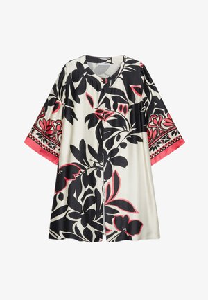 Kremowa bluzka z długim rękawem, z czarnymi i czerwonymi kwiatowymi wzorami, okrągłym dekoltem oraz zapinana na guziki z przodu.