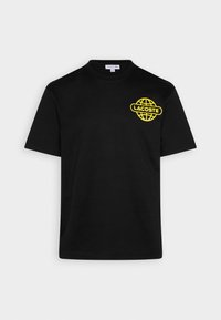 Black short-sleeve t-shirt made of cotton, featuring a large yellow Lacoste logo in a circular design on the chest.