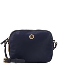 Borsa a tracolla in nylon blu marina con logo dorato, chiusura con zip e tracolla regolabile. Texture liscia con forma semplice e rettangolare.