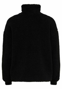 Musta fleece-huppari, jossa on korkea kaulus, ylisuuri istuvuus ja teksturoitu pinta. Ominaisuuksiin kuuluvat pitkät hihat ja ribbaatut hihansuut.
