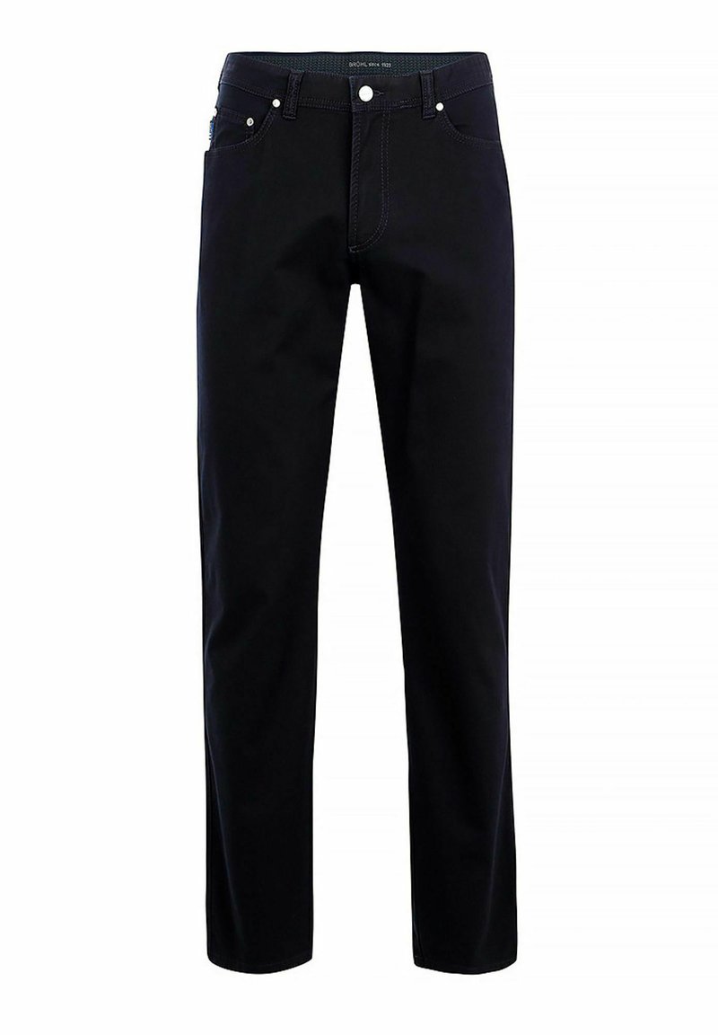 Czarne dżinsowe spodnie o prostym kroju, pięciopocketowy design, metalowe nity oraz kontrastowe szwy wzdłuż szwów.