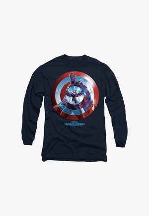 Navy long-sleeve shirt featuring a graphic of Captain America, centered shield design with red, white, and blue colors, and text below.