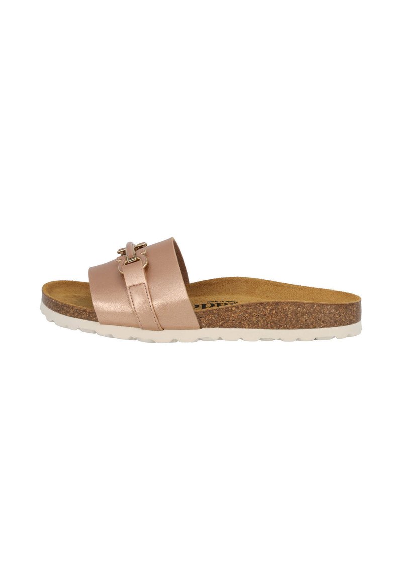 Infradito in colore rosa metallico con due fasce larghe e un accento metallico. Presenta una soletta in sughero e una leggera suola in gomma.