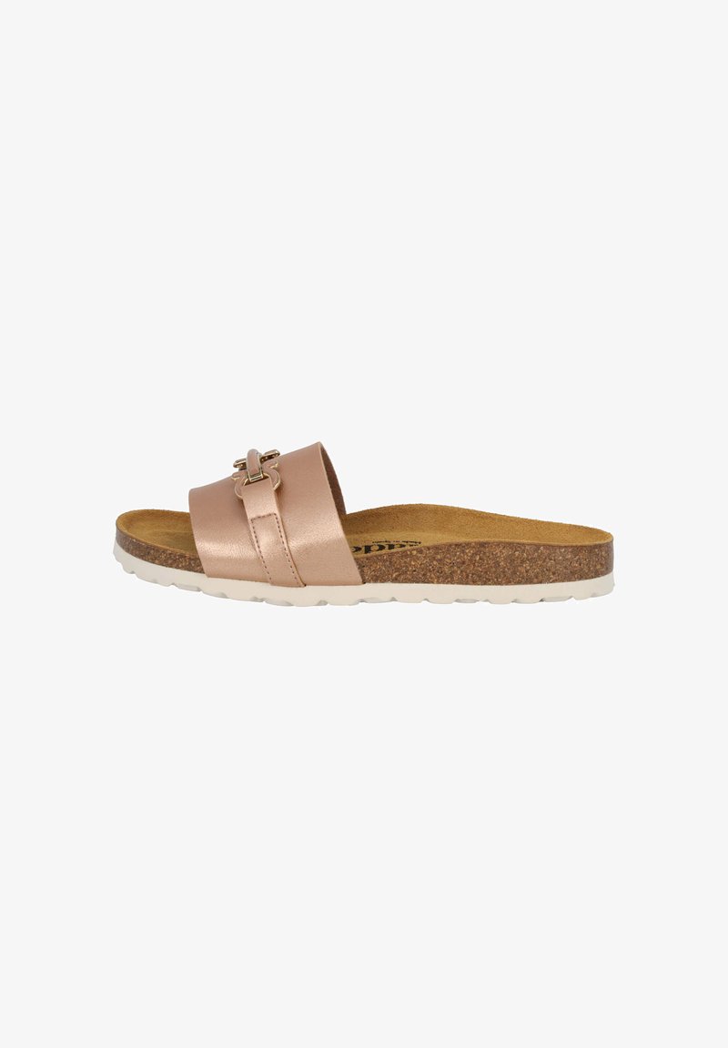 Slide-sandalen in metallic rosé kleur met twee brede banden en een metalen accent. Voorzien van een kurken voetbed en een licht rubberen zool.