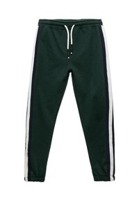 Groene katoenen sweatpants met een elastische tailleband, witte trekkoord en verticale witte en donkerblauwe zijstrepen. Met boorden aan de enkels.