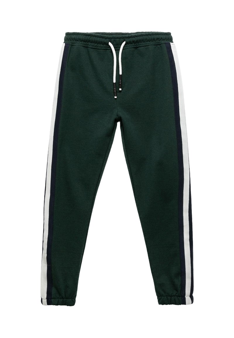 Grønne bomulds sweatpants med elastisk talje, hvid snor og lodrette hvide og mørkeblå sidelister. Design med lukket ankellinning.
