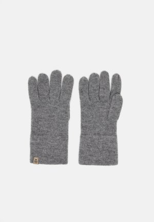 Graue gestrickte Handschuhe mit fünf Fingeröffnungen, weicher Textur und einem kleinen Logostick auf dem Handgelenk. Standarddesign für Wärme und Komfort.