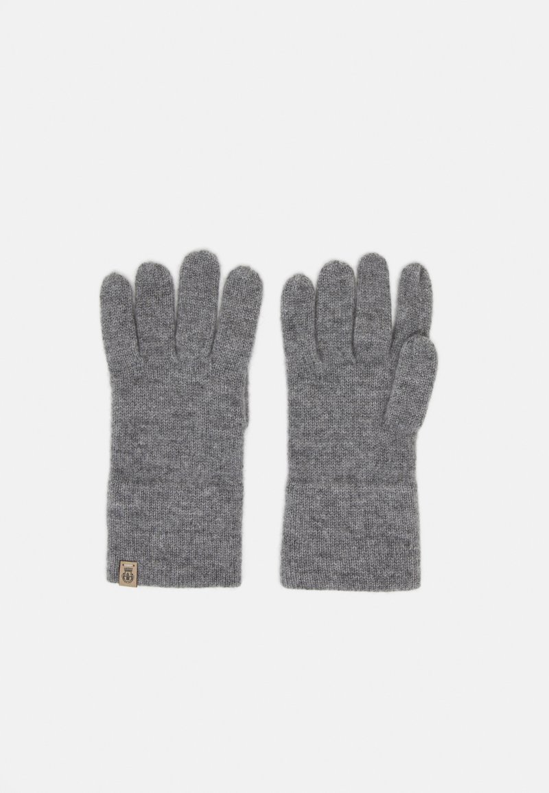 Gray knitted gloves with five finger slots, soft texture, and a small logo tag on the wrist area. Standard design for warmth and comfort.