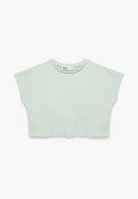 Afkortet t-shirt i blødt mintgrønt stof. Har rund halsudskæring og korte, brede ærmer. Glat tekstur med en afslappet silhuet.