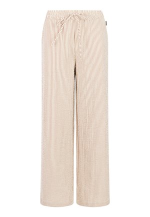 Gestreepte wijd uitlopende broek in licht beige en crème, met een zoomsluiting in de taille. De stof heeft een gestructureerd, geweven uiterlijk.
