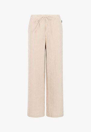 Gestreepte wijd uitlopende broek in licht beige en crème, met een zoomsluiting in de taille. De stof heeft een gestructureerd, geweven uiterlijk.