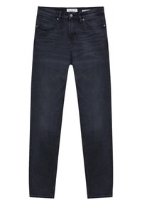 Vaqueros oscuros de mezclilla con un corte ajustado, diseño de cinco bolsillos y una textura suave. Cuenta con un cierre clásico de botón y cremallera en la cintura.