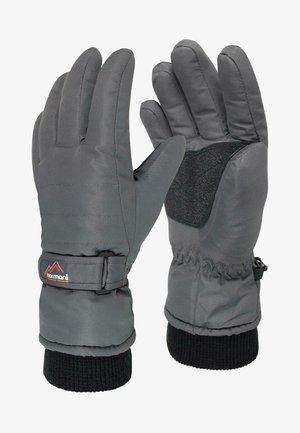 Graue isolierte Handschuhe mit einem strukturierten Stoffakzent an der Handfläche, elastischen Bündchen und einem gesicherten Handgelenkriemen. Sichtbare, haltbare Nähte.