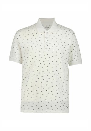 Valkoinen poolopaita, jossa laivastonsiniset lintukuviot, lyhyet hihat ja klassinen kaulus, jossa kaksi nappia pääntiessä.