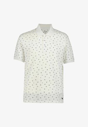 Polo blanco con estampado de pájaros en azul marino, mangas cortas y cuello clásico con dos botones en el escote.