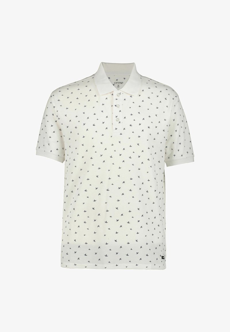 Witte polo met marineblauwe vogelpatronen, korte mouwen en een klassieke kraag met twee knopen bij de halslijn.