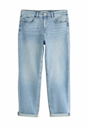 Lyseblå denimjeans med knappelukning, forlommer og møntlomme samt op rullede buksekanter.