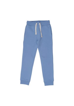 Light blue jogger pants with elastic waistband, white drawstring, side pockets, and ribbed cuffs at ankles.