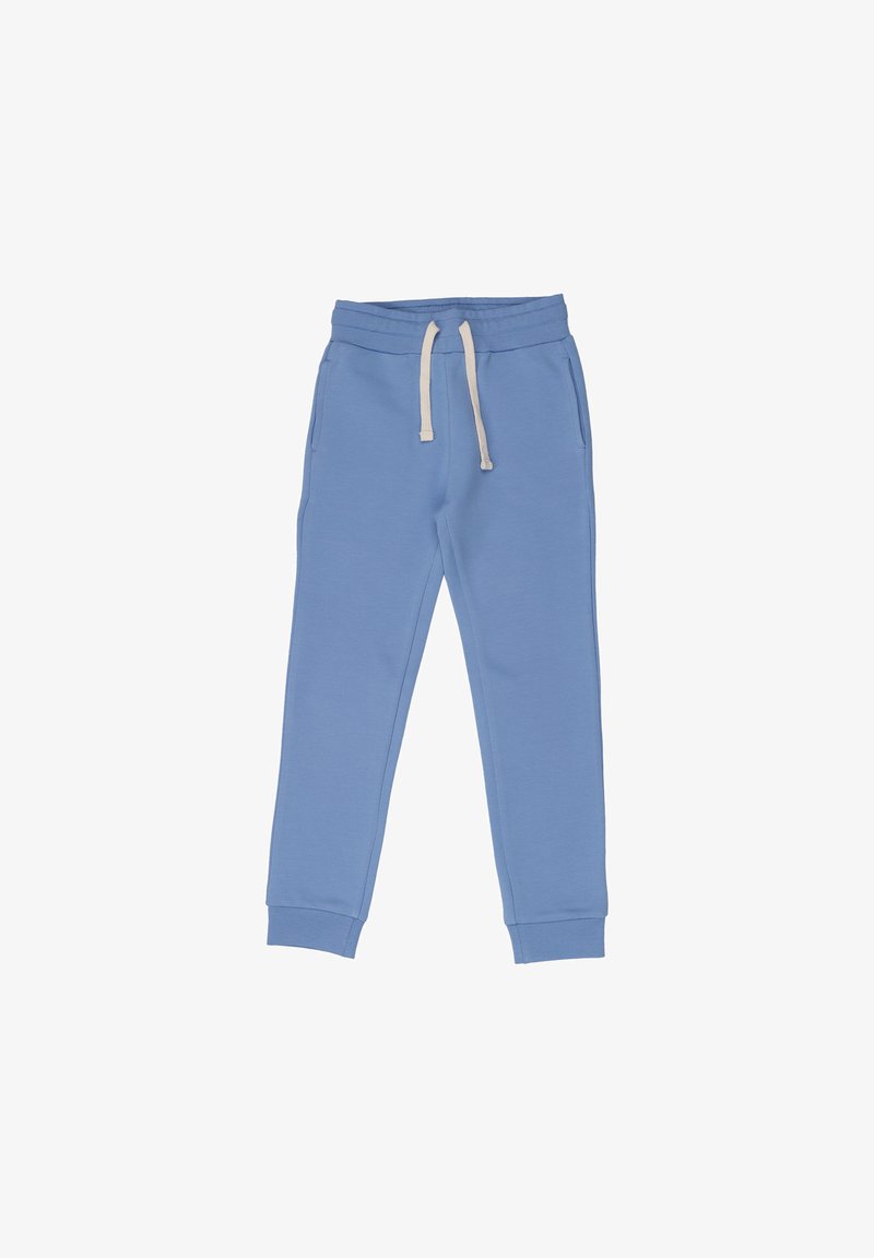 Light blue jogger pants with elastic waistband, white drawstring, side pockets, and ribbed cuffs at ankles.