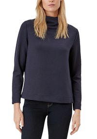 Sweatshirt blu navy con collo alto, maniche lunghe e vestibilità comoda. Texture liscia, design minimalista, con orlo a costine.