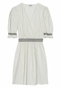 Hvid kjole med dyb V-hals, puffede ærmer og elastisk sort kant ved taljen og ærmeenderne; tekstureret stof med samlet nederdel.