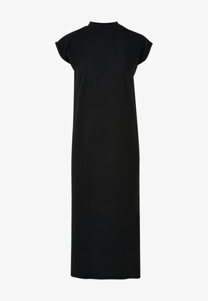 Abito nero a maniche corte, dalla vestibilità ampia, realizzato in tessuto morbido, con scollatura rotonda e silhouette dritta, che arriva all'altezza del polpaccio.