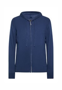 Navyblauer Zip-Hoodie aus strukturiertem Stoff, mit verstellbarem Kordelzug an der Kapuze und langen Ärmeln. Verfügt über einen silbernen Reißverschluss und seitliche Taschen.