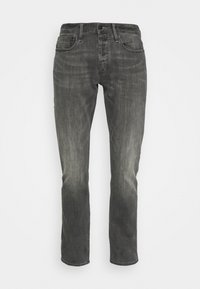 Gray denim jeans with a straight fit, slight fading, five-pocket design, and belt loops, featuring visible stitching and a clean hem.