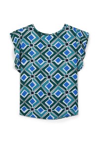 Top a maniche corte in tessuto leggero, con un motivo geometrico in tonalità di verde e blu, maniche arricciate e scollatura rotonda.
