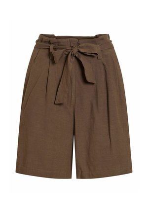 Pantalones cortos marrones de tiro alto y pierna ancha, con un cinturón de tela atado en un lazo en la parte delantera y con detalles plisados.