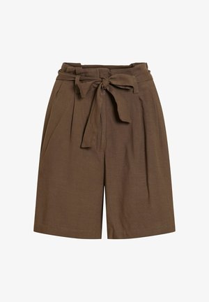Pantaloncini marroni a vita alta con gamba larga, cintura in tessuto legata a fiocco davanti e dettagli plissettati.