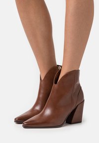 Bottes de cheville en cuir marron avec un bout pointu, un design découpé au niveau de la cheville et un talon épais. Texture lisse et détails de couture minimaux.