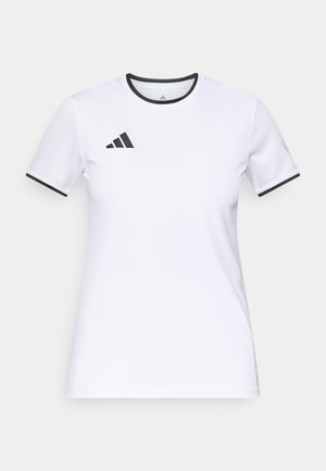 Tricou sport alb cu accente negre, mâneci scurte, gât rotund, având logo-ul cu trei dungi negre pe pieptul stâng și marginea tivului.