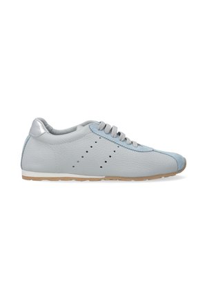Light blue leather shoe with a smooth texture, round toe, gray laces, and small perforations on the side. Rubber sole is light brown.
