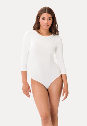 Witte lange mouw bodysuit van rekbare stof, met een ronde hals en hoge beenopeningen voor een aansluitende silhouette.