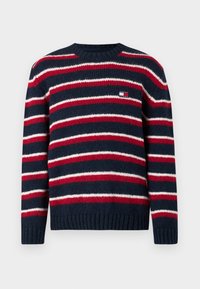 Suéter azul marino con llamativas rayas horizontales rojas y blancas, con cuellos y puños acanalados, que presenta un pequeño parche de logo en el pecho.