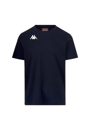 Camiseta de algodón azul marino de manga corta, cuello redondo y un logo blanco en el lado izquierdo del pecho. Textura suave y corte casual.