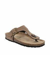 Chanclas de cuero marrón con una plantilla de corcho texturizado, suela de goma negra y un acento de hebilla de metal en la correa.