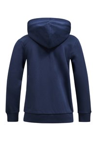Felpa blu navy con tasca a marsupio, polsini e orlo a coste. Presenta una texture morbida e un design aderente con un cappuccio spazioso.