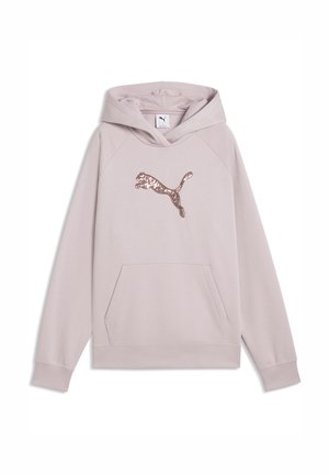 Sweat à capuche Puma rose clair avec une poche avant et un logo Puma en sequins or rose sur la poitrine.