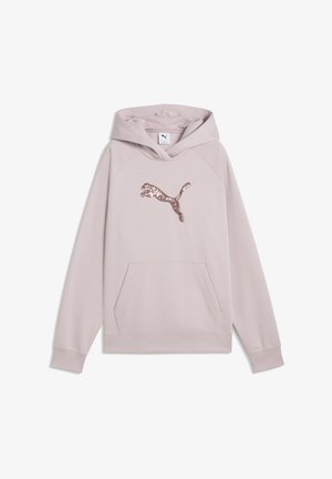 Jasnoróżowa bluza z kapturem Puma z przednią kieszenią i różowo-złotym, cekinowym logo Puma na piersi.