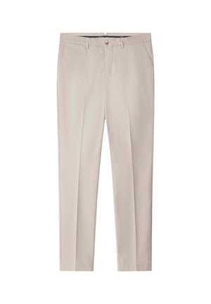 Beige katoenen broek met een vlakke voorkant, twee steekzakken aan de voorkant en riemlussen. Heeft een knoopsluiting en rechte pijpen.