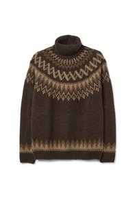 Brown sweater with a high neck, featuring a contrasting geometric pattern in shades of beige and dark brown around the collar and hem.