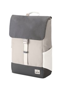 Backpack with a gray flap, beige body, and black bottom. Features adjustable straps, a side pocket, and a logo tag. Textured fabric.