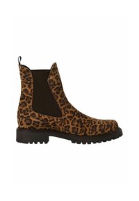 Bottes Chelsea à imprimé léopard avec des tons marron et noir, panneaux latéraux élastiques, et une semelle épaisse noire, dotées d'une languette à l'arrière.