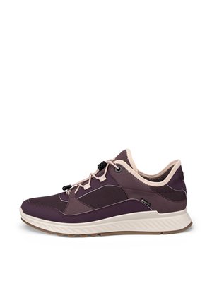 Niskie buty sportowe w kolorze ciemnego fioletu i beżu z panelami z siateczki, regulowanym sznurowaniem, białą podeszwą i etykietą Gore-Tex po bokach.